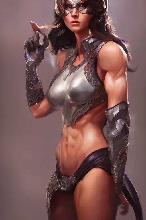 Image similar to three quarters portrait pose of a beautiful woman, strong body,super heroine costume,super powers, fantasy, intricate, elegant, highly detailed, digital painting, artstation, concept art,shining, sharp focus, illustration, art by Stanley Lau