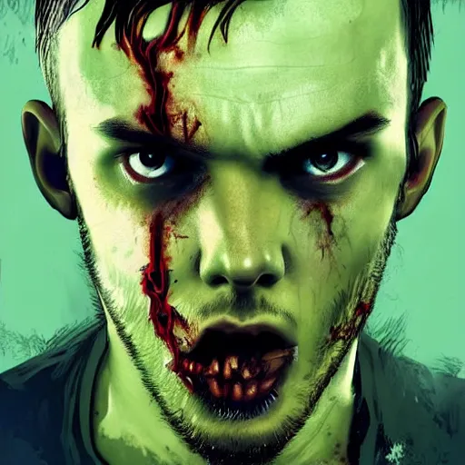 Prompt: angry zombie portrait of nicholas hoult in an urban szene, grimdark horror, stylized digital illustration, radiating a glowing aura, global illumination, ray tracing, hdr, fanart arstation by ian pesty and katarzyna bek - chmiel