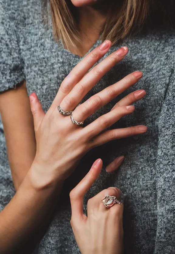 Image similar to a photo of one ultra detailed woman's hand, cupping hand gesture, point finger with ring on it, instagram photo, studio photo