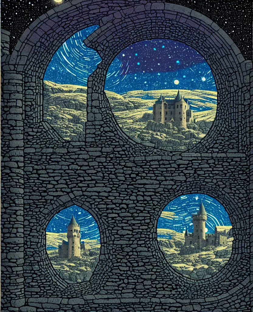 Image similar to stone wall inside of a majestic castle, round window looking out to the starry night sky, high details, intricately detailed, by vincent di fate, inking, 3 color screen print, masterpiece, trending on artstation,, sharp, details, hyper - detailed, hd, 4 k, 8 k