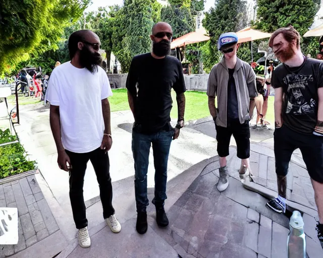 Image similar to Robert Pattinson meeting MC Ride and Zach Hill from Death Grips in a exterior cafe in france, paparazzi photo, wide angle, shot from far away