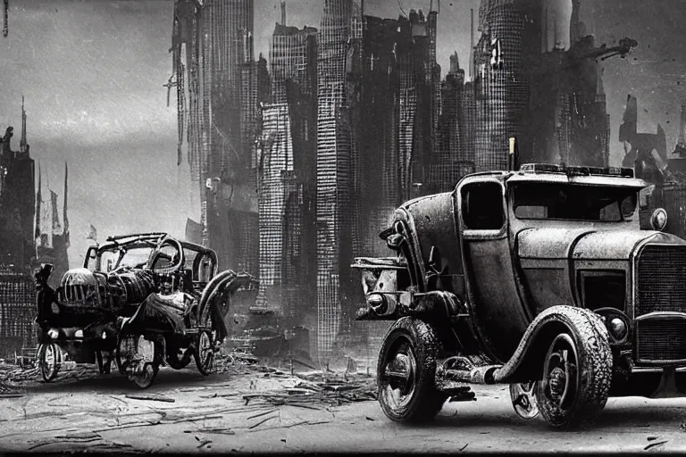 Image similar to cyberpunk 1 9 0 8 model ford t by paul lehr, jesper ejsing, metropolis, mad max, parked by view over city, vintage film photo, robotic, damaged photo, scratched photo, scanned in, old photobook, silent movie, black and white photo