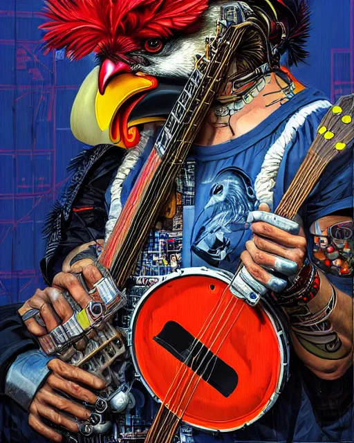 Image similar to a portrait of an anthropomorphic cyberpunk rooster shredding a banjo by sandra chevrier, by jon foster, detailed render, tape deck, epic composition, cybernetics, 4 k realistic, cryengine, realistic shaded lighting, sharp focus, masterpiece, by enki bilal