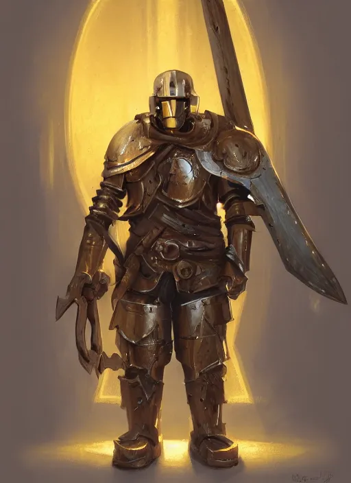 Image similar to portrait of a warforged character in yellow armor holding a paladin engraved longsword and carrying a big shield, epic concept art, trending on ArtStation, cinematic lighting, by Greg Rutkowski and Jesper Ejsing