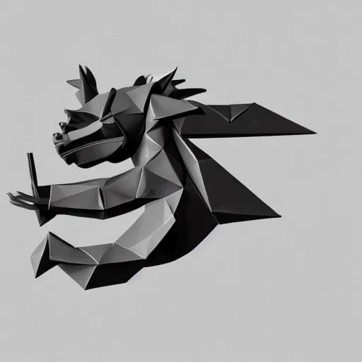 Image similar to dragon figurine, origami, logo vector art, low poly, 3d render, up close, white background, intricate details, folds, 8k