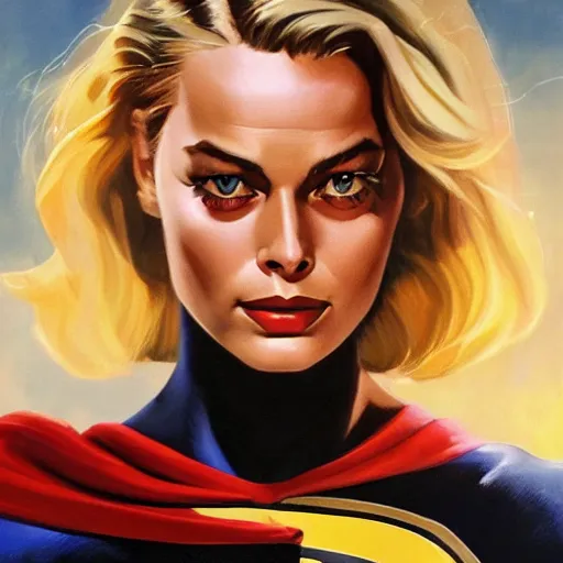 Prompt: ultra realistic portrait painting of margot robbie as supergirl, art by frank frazetta, 4 k, ultra realistic, highly detailed, epic lighting.