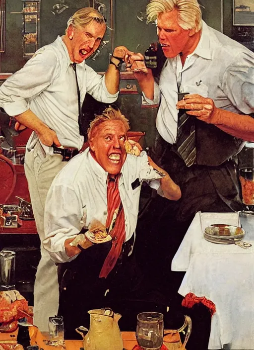 Image similar to gary busey spills his soup, by norman rockwell and tom lovell and frank schoonover and dean cornwell