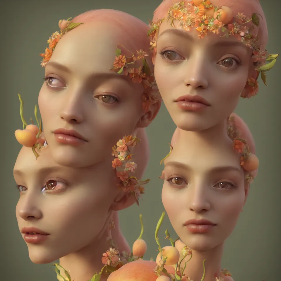 Prompt: A portrait of elegant Queen of peach fruits fairies, skin made of pale human skin. Soft details. Close-up. Octane Render. art nouveau. Trending on artstation. Bokeh.