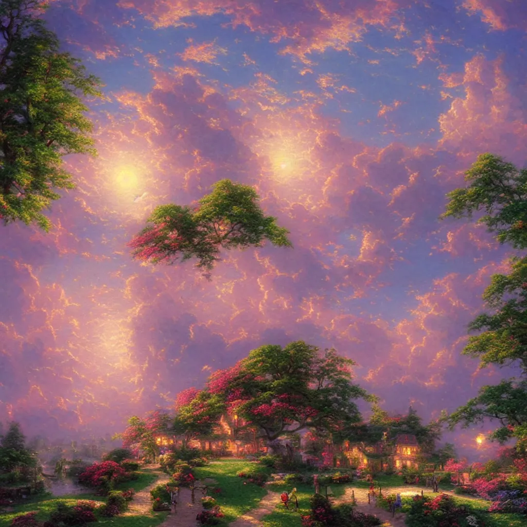 Prompt: Big pink sphere high in the sky, beautiful matte painting by Thomas Kinkade,