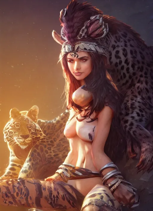 Image similar to nidalee, from league of legends, next to a leopard, au naturel, hyper detailed, digital art, trending in artstation, cinematic lighting, studio quality, smooth render, unreal engine 5 rendered, octane rendered, art style by klimt and nixeu and ian sprigger and wlop and krenz cushart