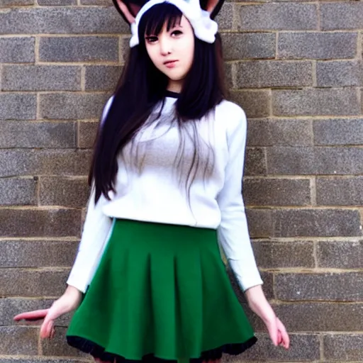 Prompt: anime girl with neko ears, long brown hair, green sweater, blue skirt, white pantyhose