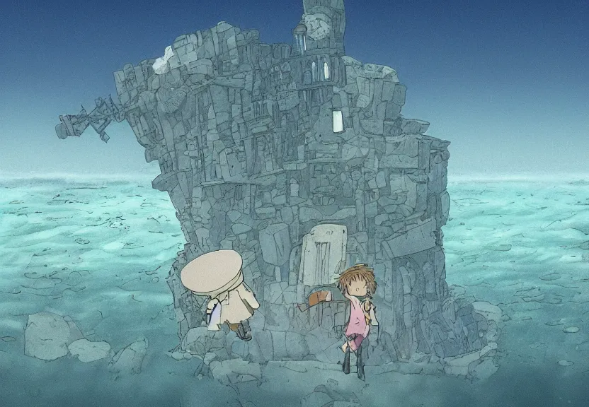 Image similar to a cell - shaded cartoon from howl'moving castle ( 2 0 0 4 ) showing stonehenge underwater at the bottom of the ocean. very dull muted colors, hd, 4 k, hq