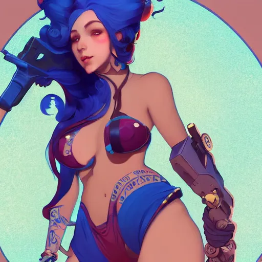 Prompt: beautiful girl with blue hair wearing a bikini, symmetrical face, character concept, character concept art, by Peter Mohrbacher and Alphonse Mucha, overwatch, weapon, detailed, style, 8k, trending on artstation, unreal