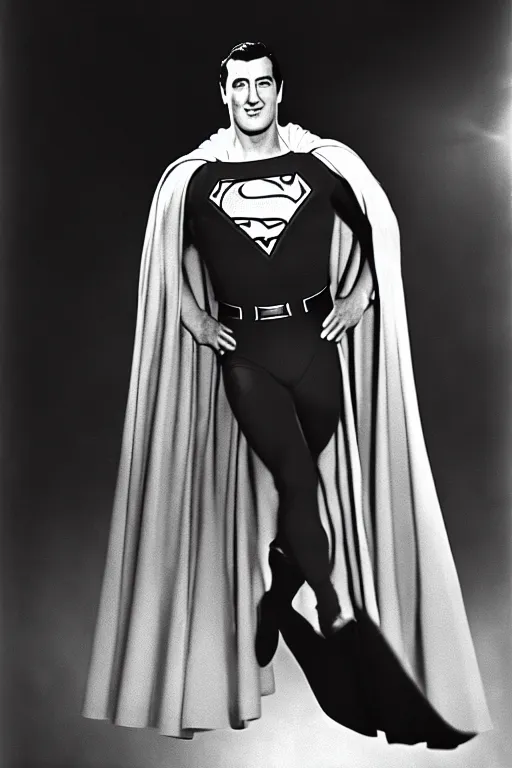 Image similar to rock hudson playing superman in, superhero, dynamic, 3 5 mm lens, heroic, studio lighting