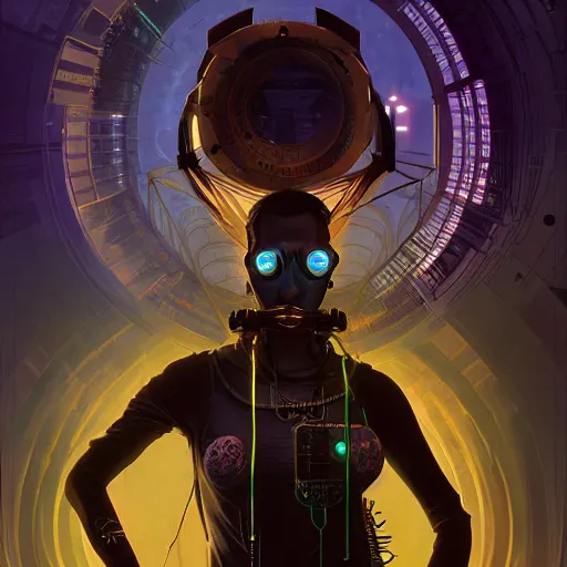 Image similar to a mursi cyberpunk hacker, steampunk stargate by greg rutkowski and android jones in a surreal portrait style, oil on canvas, ancient cyberpunk 8k resolution