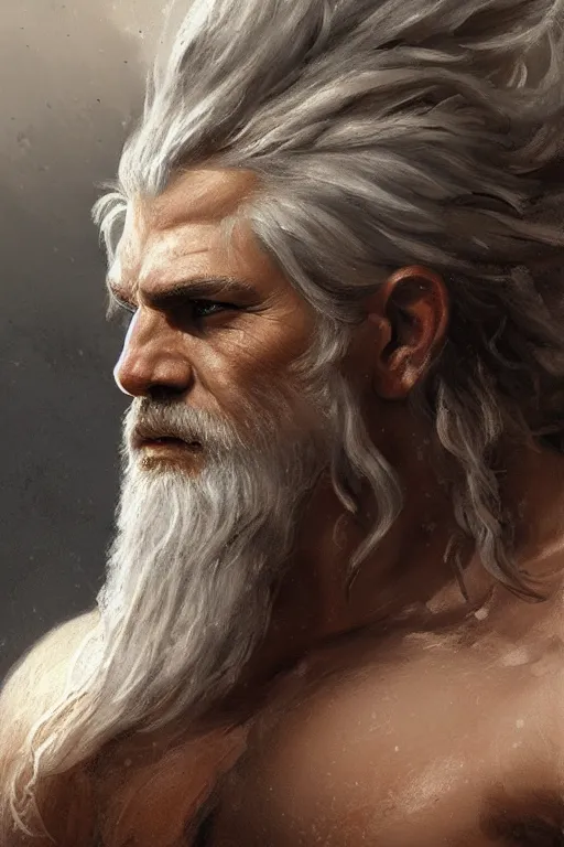 Prompt: photo portrait of rugged zeus, god of thunder, greek god, white hair, masculine, mature, handsome, upper body, muscular, hairy chest, fantasy, intricate, elegant, highly detailed, digital painting, artstation, concept art, smooth, sharp focus, illustration, art by gaston bussiere and greg rutkowski