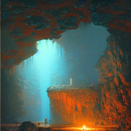 Prompt: a beautiful painting of a dimly lit cave dungeon with blue and purple sources of light by bruce pennington, trending on artstation