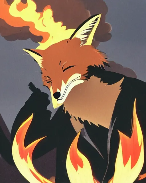 Image similar to a fox in a black trench - coat, smoking a cigarette in front of a huge explosion in the middle of a war, style of anime