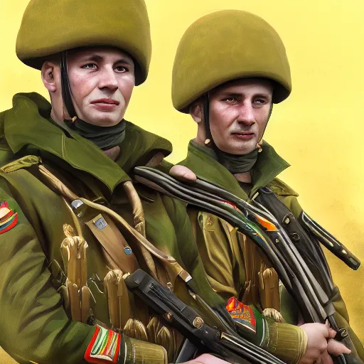 Prompt: ukrainian soldiers in traditional uniform, happy, concept art, trending on artstation, highly detailed, intricate, sharp focus, digital art, 8 k