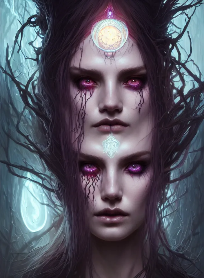 Image similar to Necromancer Sorceress face close-up macro in center, fantasy magic, undercut hairstyle, dark light night, intricate, elegant, sharp focus, illustration, highly detailed, digital painting, concept art, matte, art by WLOP and Artgerm and Greg Rutkowski and Alphonse Mucha, masterpiece