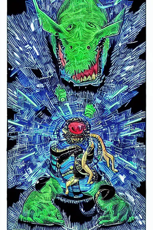 Prompt: “ a daniel johnston and hajime sorayama collaborative illustration of feraligatr ”