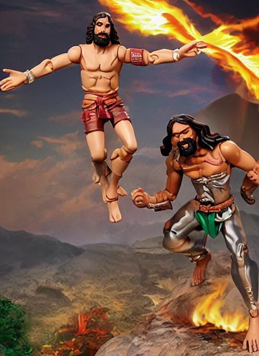 Image similar to Jesus vs the Devil in the flying sandals of salvation action figures toy pack