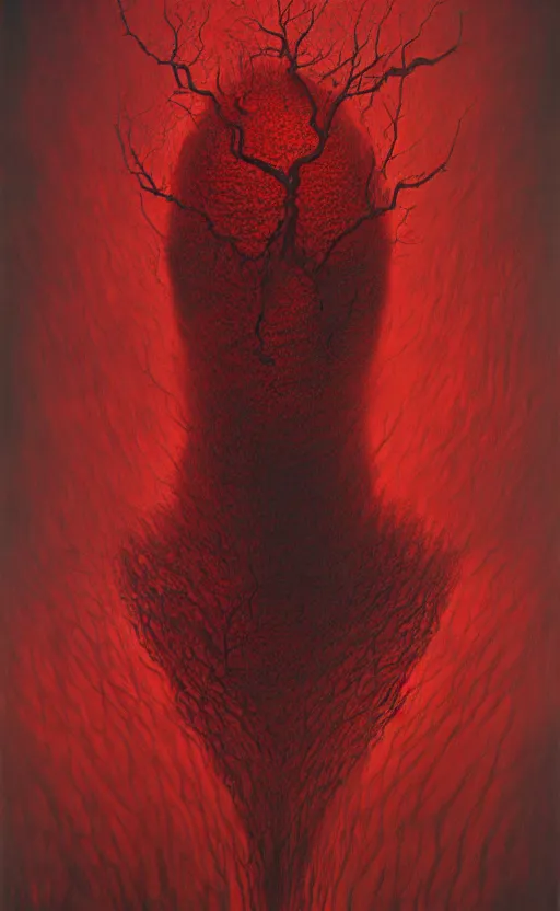 Prompt: black dramatic portrait painting of human with black mandelbrot fractal instead of face, in style of zdzisław beksinski, dark red, horror, body horror, scary,