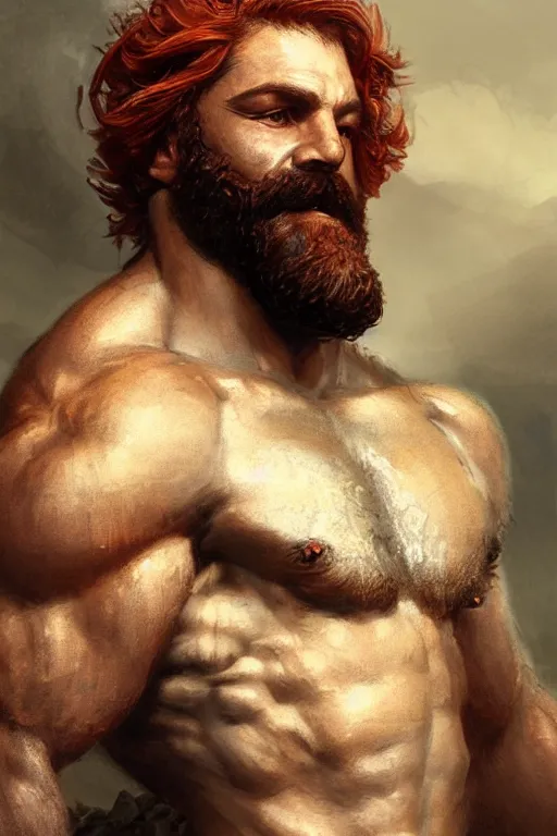 Image similar to portrait of rugged hephaestus, god of forge, greek god, red hair, masculine, mature, handsome, upper body, muscular, hairy chest, blacksmith apron, fantasy, intricate, elegant, highly detailed, digital painting, artstation, concept art, smooth, sharp focus, illustration, art by gaston bussiere and greg rutkowski