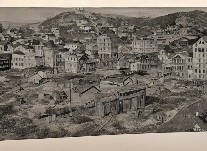 Prompt: realistic photo of a town, settlement, buildings, detailed scenery, 1920s time period