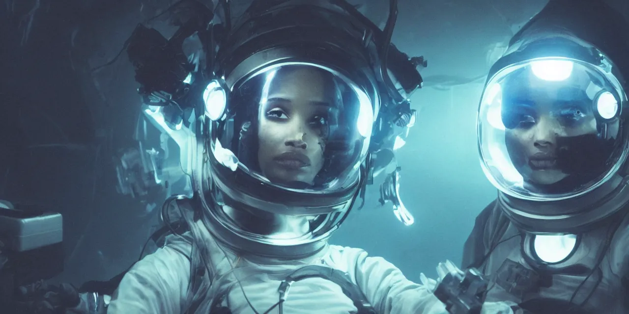 Prompt: Zoe Kravitz with short hair as a techpunk astronaut, helmet with led lights, underwater in the ocean at night, clear water, glowing bubbles, volumetric lighting, glowing lights, 4k, octane, unreal engine, digital painting, artstation, concept art, high contrast, high saturation , cinematic film still, sharp focus, illustration, art by Christopher Nolan and artgerm and greg rutkowski and alphonse mucha , wide angle view, full body