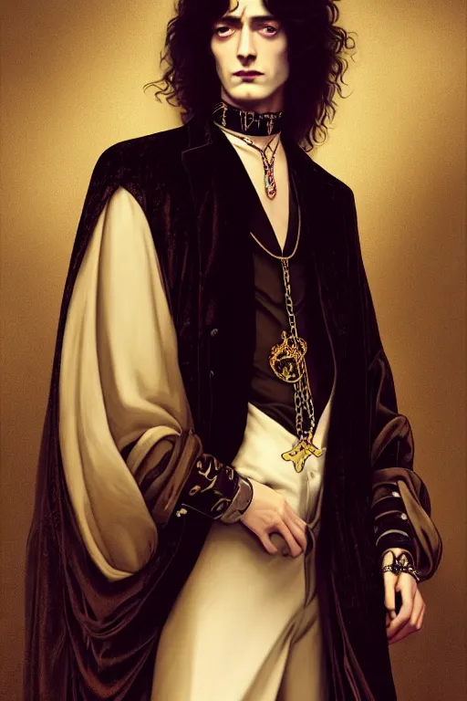 Image similar to a beautiful androgynous man, long hair, tall and thin, dressed in velvet, rock star, young jimmy page, wearing several pendants and a choker, illustration, dramatic lighting, soft details, painting, art nouveau, octane render, 8 k, hd, by edmund blair leighton, brom, charlie bowater, faces by otto schmidt