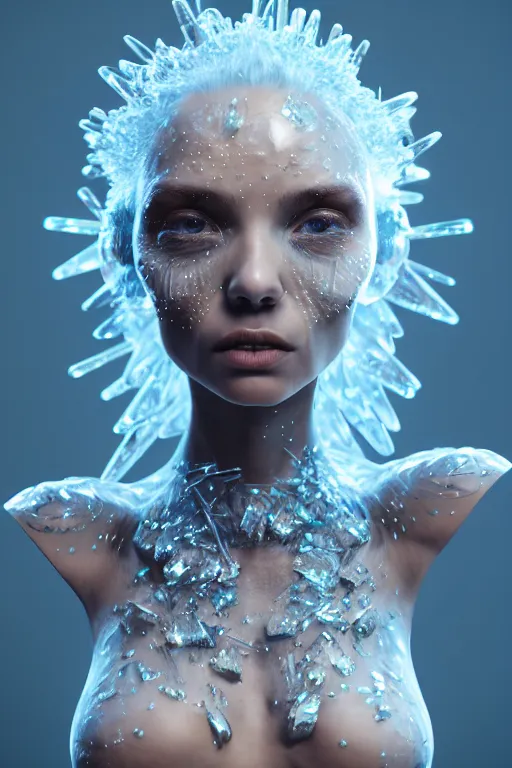 Image similar to skin concept anthropomorph, biopunk, in full growth, magical crystals, smoky crystals, translucent crystals, luminous sparkling crystals, many details, 3 d, cinematic, hyper realism, high detail, octane render