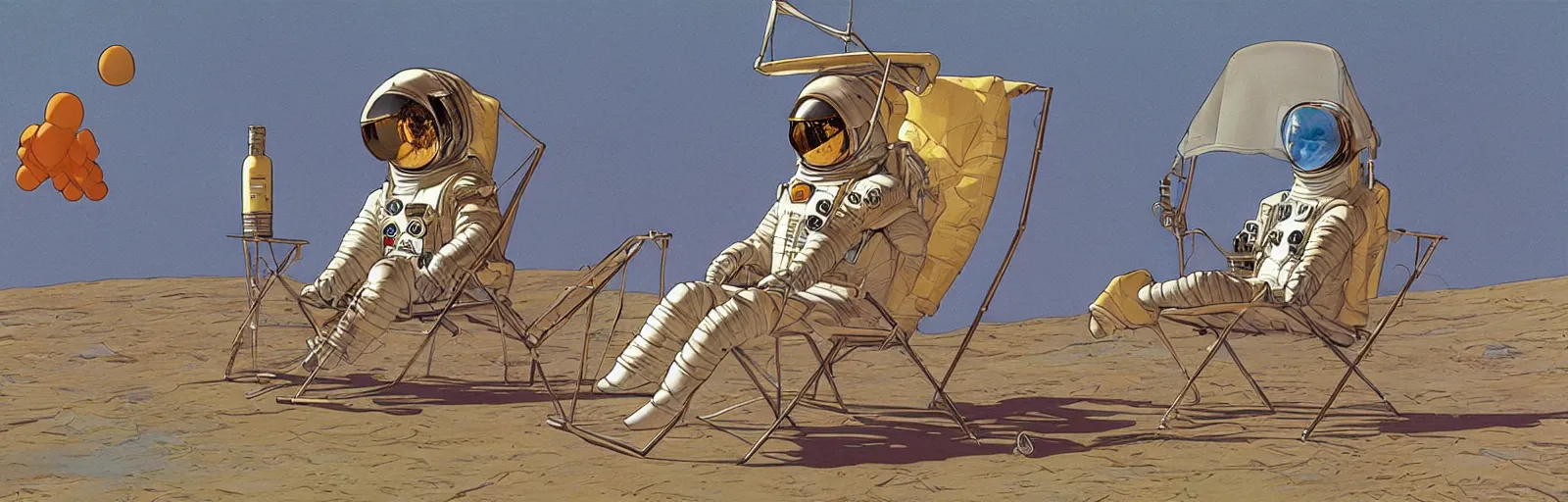 Prompt: Astronaut sitting on a canvas lawn chair holding a cocktail on Pluto, Jean Giraud, Moebius
