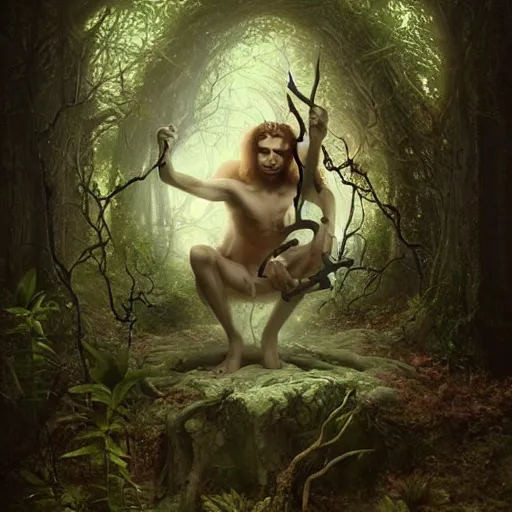 Image similar to a satyr sitting on a throne in an ominous forest by bastien lecouffe - deharme, ken kelly, artgerm and karol bak, unreal engine, dynamic lighting, fog, glowing eyes, illustration, vines, thorns, god rays, mysterious