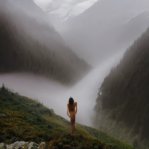 Image similar to ethereal goddess in a misty mountain valley