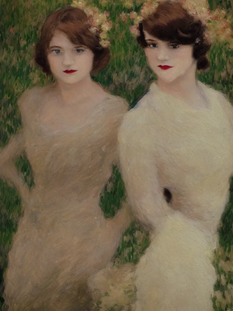 Image similar to portrait of < zelda fitzgerald > as a beautiful young lady wearing 1 9 2 0 s fashion, blurry face, brown hair, slim, fair, severe out of focus, depth of field, pleinairism, in the sun, backlit, closeup, oil on canvas, atr by monet, in the style of le promenade, smooth, impressionnisme, 8 k