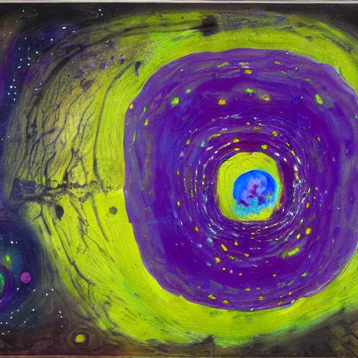 Prompt: a painting of a tree with a purple circle in the center, an ultrafine detailed painting by Asger Jorn, pixiv contest winner, gutai group, oil on canvas, metaphysical cosmic horror, neo-primitive brutal artwork, 8K