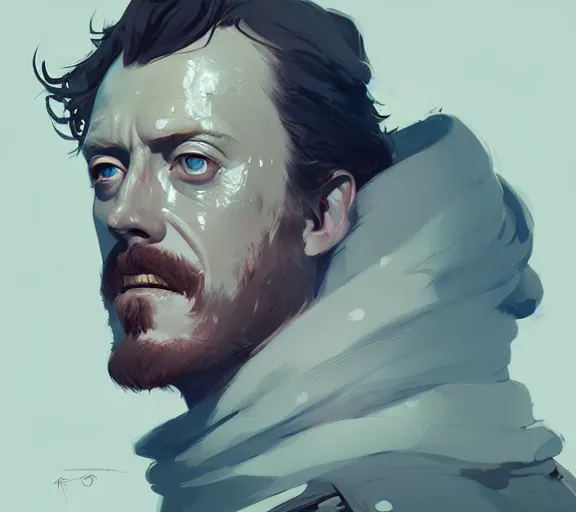 Image similar to portrait of portrait, toby stephens as a king, by atey ghailan, by greg rutkowski, by greg tocchini, by james gilleard, by joe fenton, by kaethe butcher, by ashley wood, dynamic lighting, gradient light blue, brown, blonde cream and white color scheme, grunge aesthetic