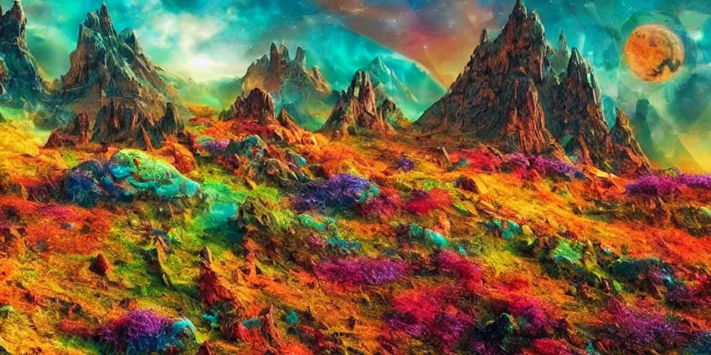 Image similar to Alien Mountain Landscape, Extraterrestrial Flora and Fauna roaming, Extraordinary Color,