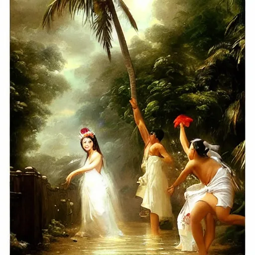 Image similar to monsoon on tropical island, oriental goddess in white, elegant, frontal, ornate, beautiful, atmosphere, vibe, mist, coconuts, rain, wet, pristine, puddles, melting, dripping, snow, creek, lush, ice, bridge, forest, roses, flowers, by stanley artgerm lau, greg rutkowski, francisco de goya