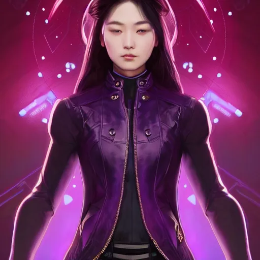 Image similar to portrait of Korean female futuristic short violet leather jacket and skirt expressive pose, intricate, elegant, highly detailed, digital painting, artstation, concept art, smooth, sharp focus, illustration, art by artgerm and greg rutkowski and alphonse mucha