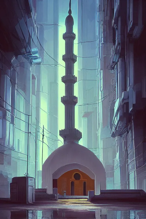 Image similar to painting of a mosque, cyberpunk style