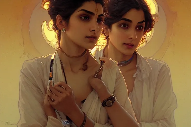 Image similar to Anxious good looking pale young Indian doctors arguing, portrait, elegant, intricate, digital painting, artstation, concept art, smooth, sharp focus, illustration, art by artgerm and greg rutkowski and alphonse mucha