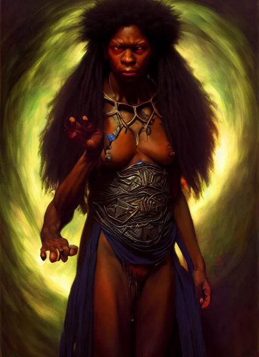 Image similar to african american wizard, full body, hyper realistic, extremely detailed, dnd character art portrait, dark fantasy art, intricate fantasy painting, dramatic lighting, vivid colors, deviantart, artstation, by edgar maxence and caravaggio and michael whelan and delacroix.