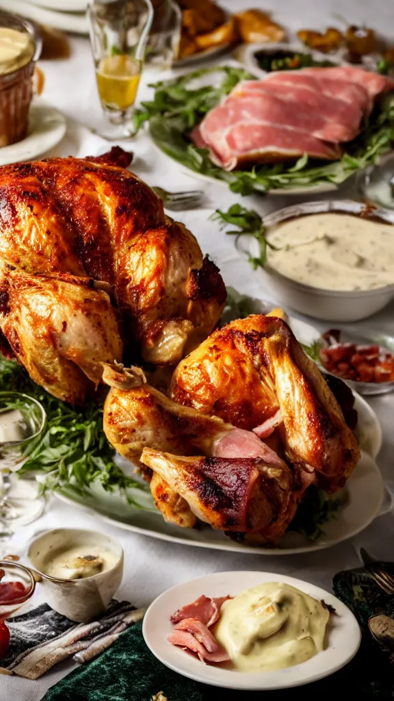 Image similar to 6 0 s food photography of a roast chicken covered entirely in mayonnaise, served with slice of ham on top, on a velvet table cloth, soft focus