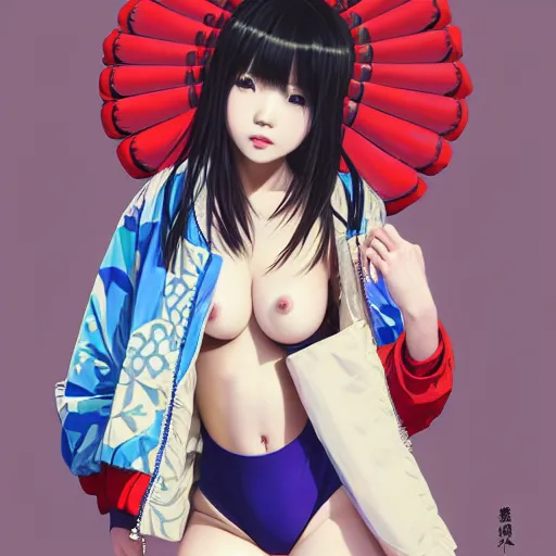 Image similar to a beautiful japanese lalisa alluring gravure model, wearing oversized designer bomber jacket and leotard, bulky poofy bomber jacket with mesoamerican patterns, mesoamerican native street fashion, gapmoe yandere grimdark, trending on pixiv fanbox, painted by greg rutkowski makoto shinkai takashi takeuchi studio ghibli, akihiko yoshida