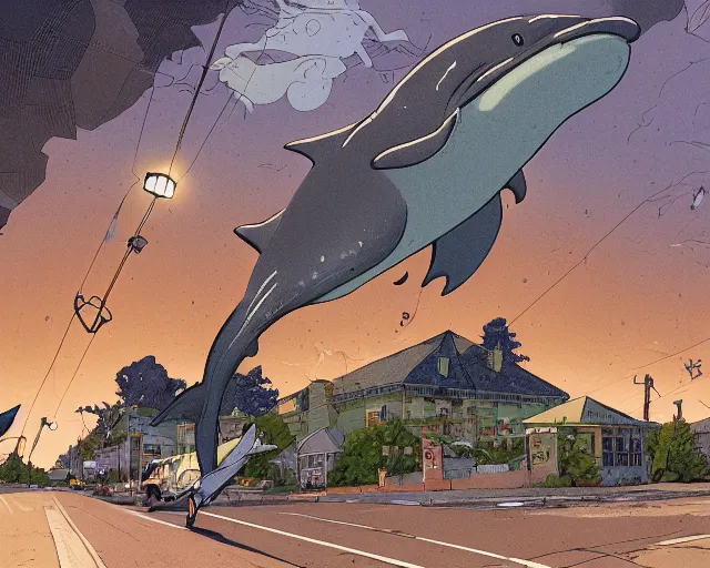 Prompt: a study of cell shaded cartoon of a flying dolphin on a country road, street lamps, road, illustration, wide shot, subtle colors, post grunge, concept art by josan gonzales and wlop, by james jean, Victo ngai, David Rubín, Mike Mignola, Laurie Greasley, highly detailed, sharp focus, alien, Trending on Artstation, HQ, deviantart, art by artgem