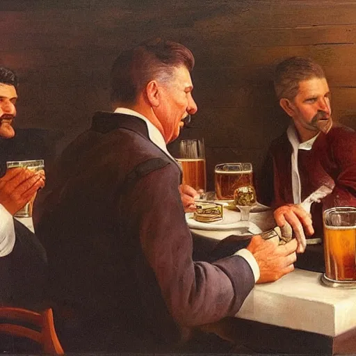 Prompt: if the men were drinking beer with the meat, what the stableman was talking about, they did not understand, the gipper is realistic, in the style of classicism