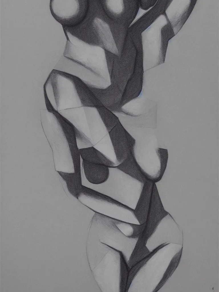 Prompt: geometric shape blocking of woman figure, detailed, charcoal on paper, high contrast