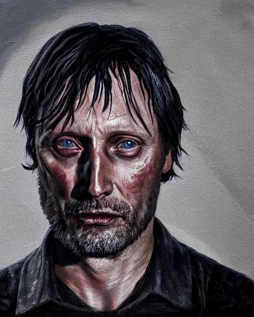 Image similar to mads mikkelson as clifford unger from death stranding, tears of tar, mysterious portrait, oil painting, black background